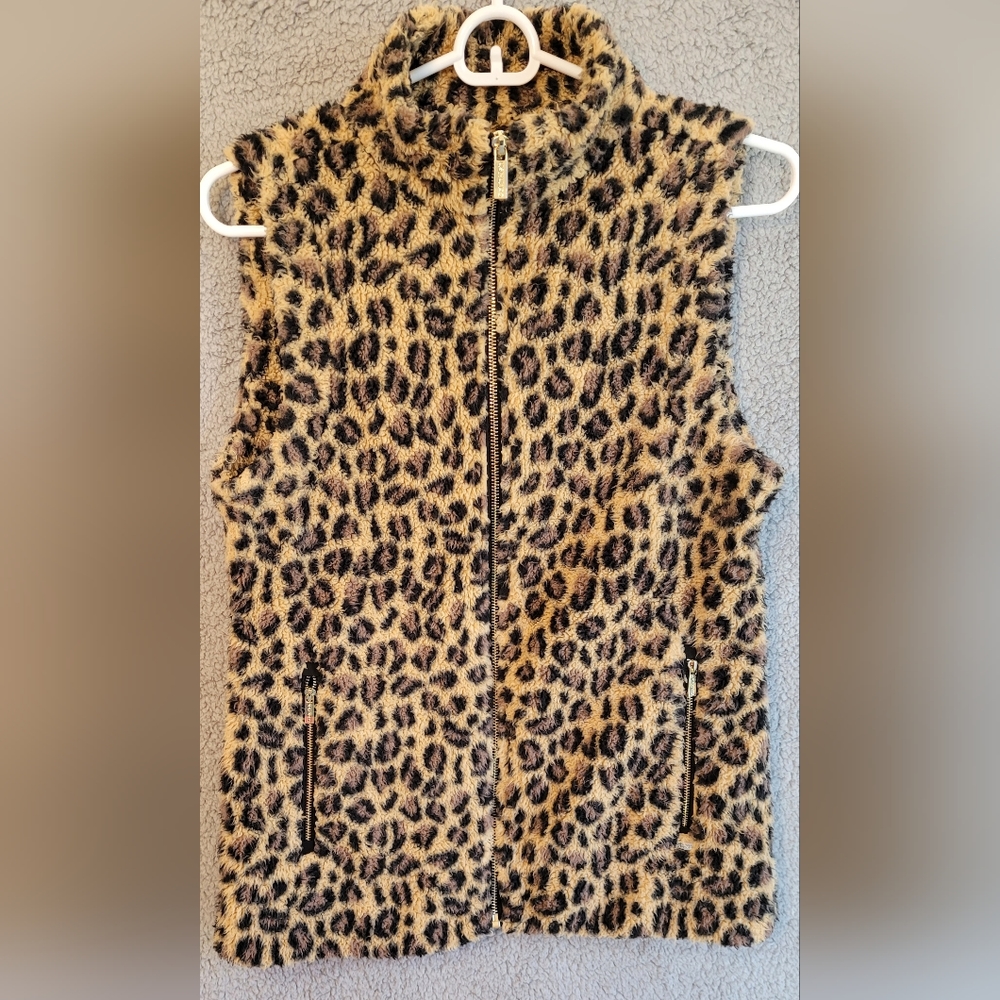 Calvin Klein Full Zip Leopard Print Fleece Soft Vest Women's XS Sleeveless